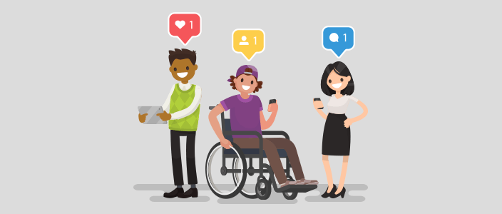 a group of 3 people on social media sites, with social icons above their heads